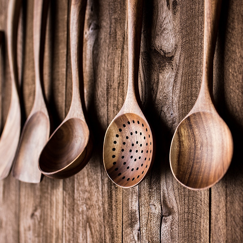 Kjøkkenredskaper sett naturlig teak kjøkkenutstyr suppe skje sleiv turner dørslag nonstick tre spatel kokekar sett