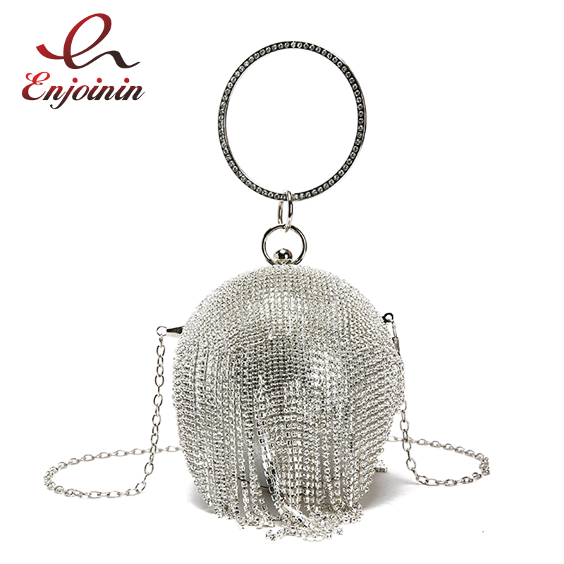 Luxury Round Tassel Diamonds Pu Leather Women Party Handbag Evening Bag Chain Purse Totes Bag Female Shoulder Bag