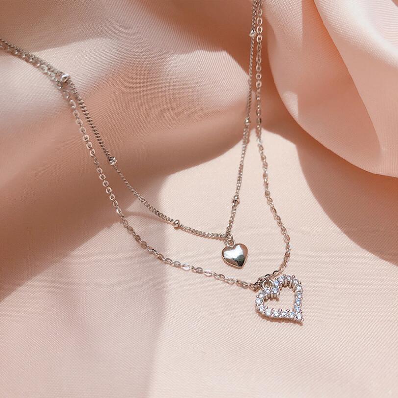 Double Layer Heart Pendant Necklaces For Women Trend Short Clavicle Chain 925 Sterling Silver Color Girls Jewelry SAN216