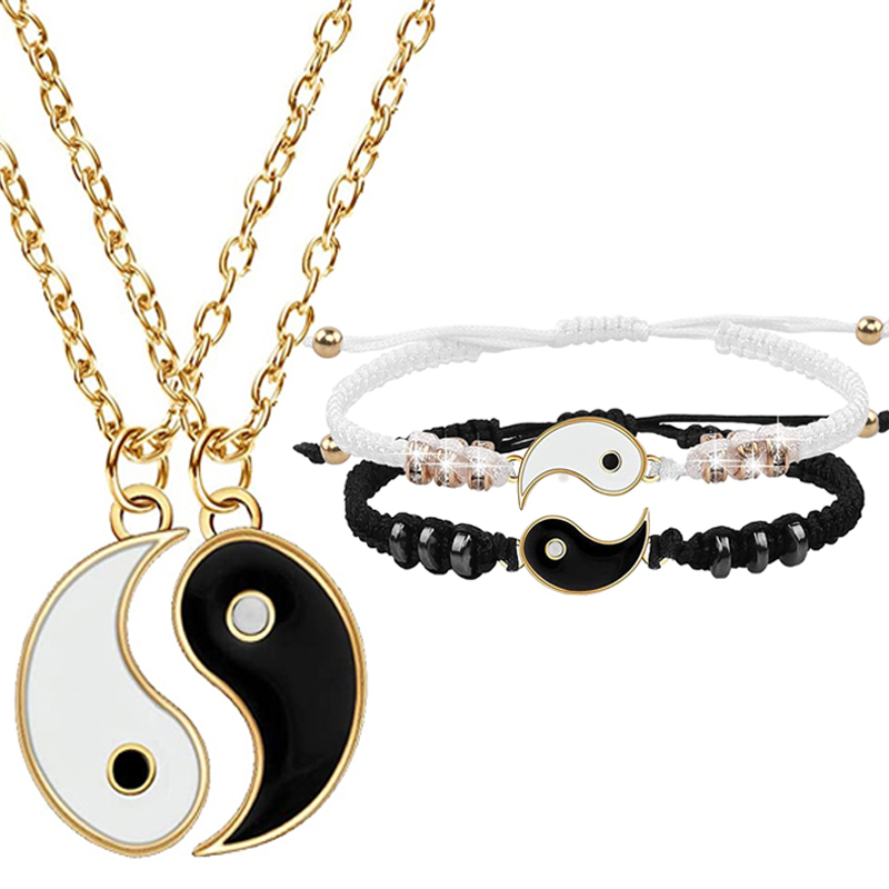 2/4 Uds Tai Chi Yin Yang pareja pulseras collares conjunto colgante pulsera de cadena trenzada ajustable pulseras de amante a juego gargantilla