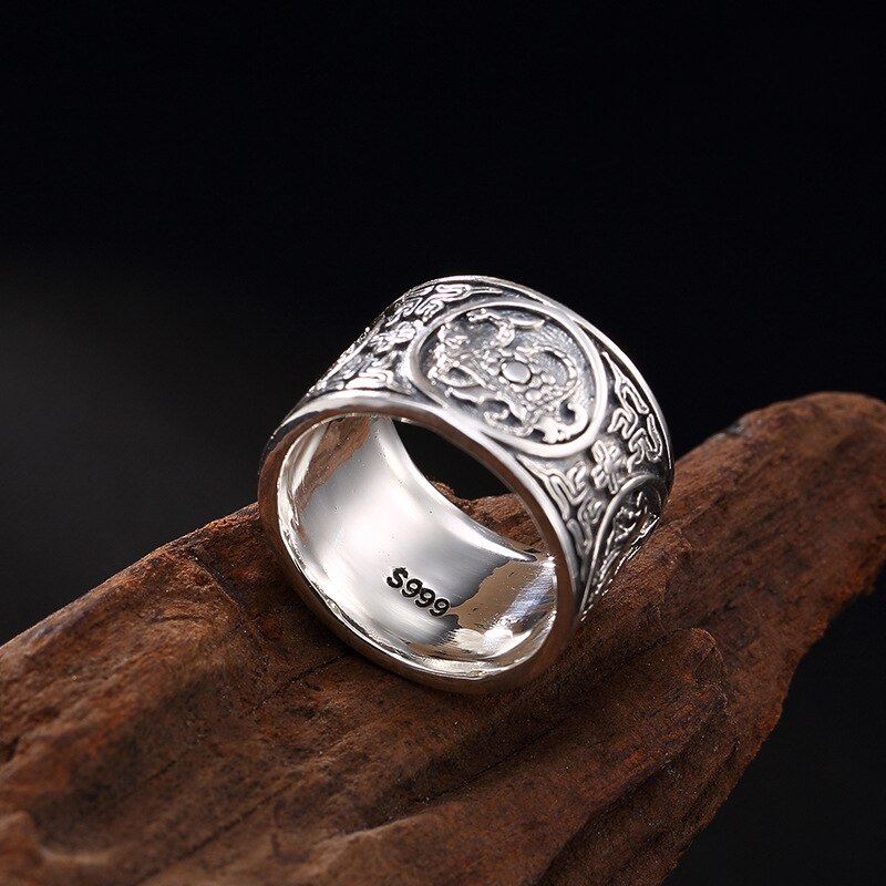 BALMORA Reale di 999 Puro Argento Dell'annata del Drago Tigre Accatastamento Anelli per Gli Uomini di Sesso Maschile Le Donne Punk Freddo Gioelleria Raffinata E Alla Moda Anillos1.4cm Larga