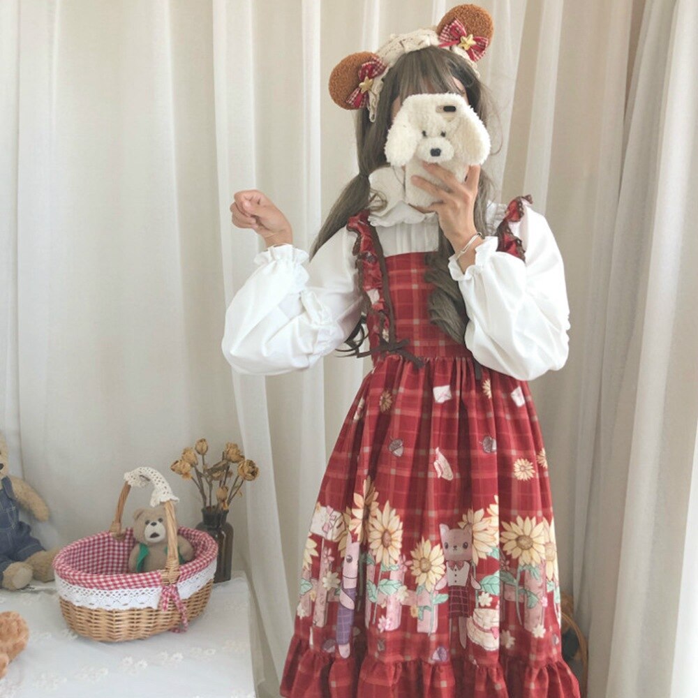 Sommer vår jsk søt lolita kjole volanger lolita sløyfe stroppe sele kjole tegneserie rutete kjole+bluse skjorte sett afc 485