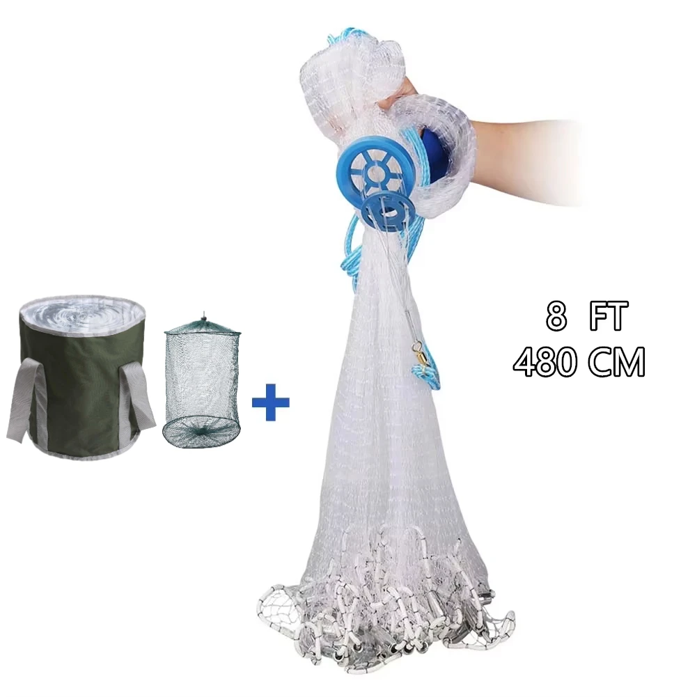 Rete da pesca americana in acqua salata con piombo in zinco e secchio impermeabile 3/4/5/6/7/8/9/10Ft raggio lancio rete da pesca trappola per esche: Grigio chiaro