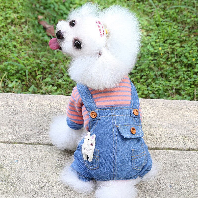 Høst og vinter nyeste stil hundeklær stripete fleece denim overalls dobbeltlags firbens tykk hunde-overall overall: Rosa / Xl