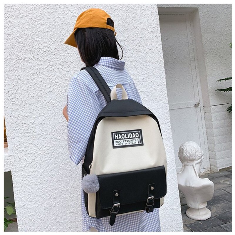 Dames canvas rugzak tiener schattige haarbal lint studenten schooltas meisjes grote capaciteit schouder reistas  b82: B176- zwarte