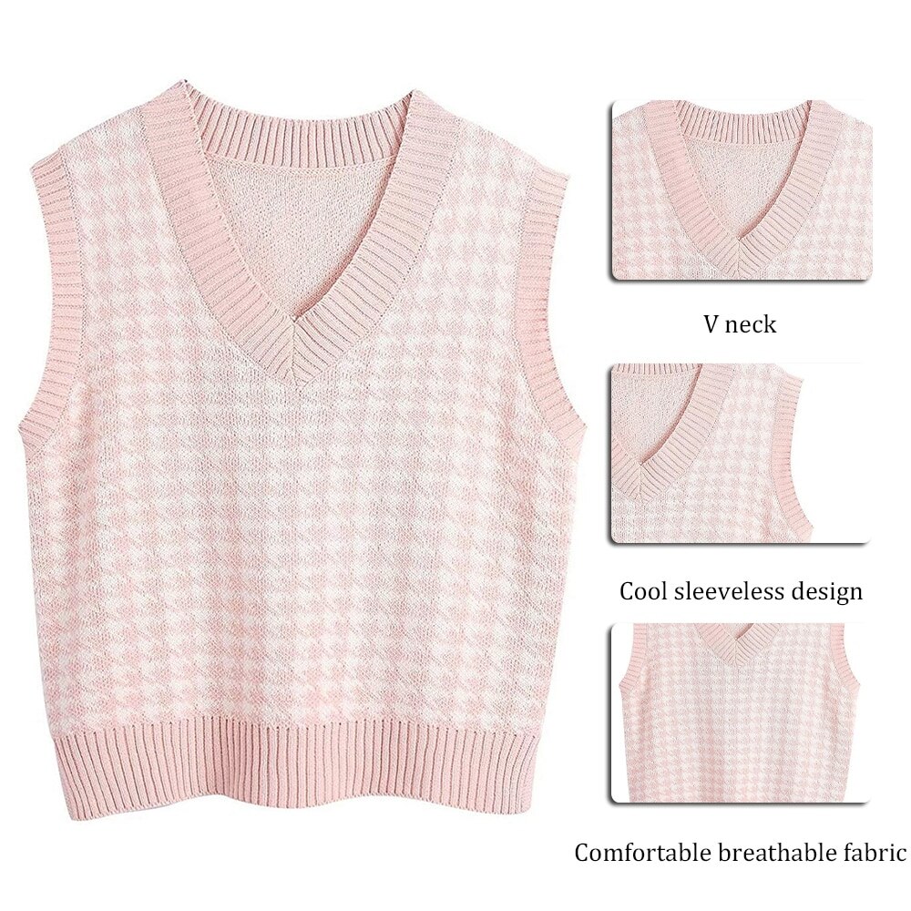 Femmes pull gilet automne tricoté pied de poule col en v pull surdimensionné sans manches femme gilet pull hauts