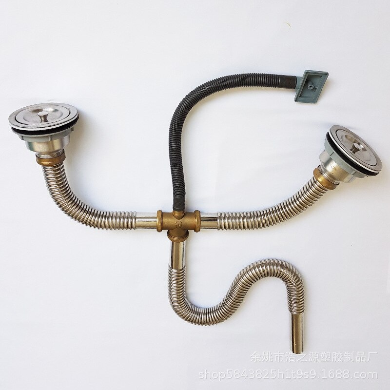 Kitchen Double Sink Stainless Steel Drainer Copper T-connector Spill-Proof Double Water Washing Basin Sewer Pipe Water Tank Drai