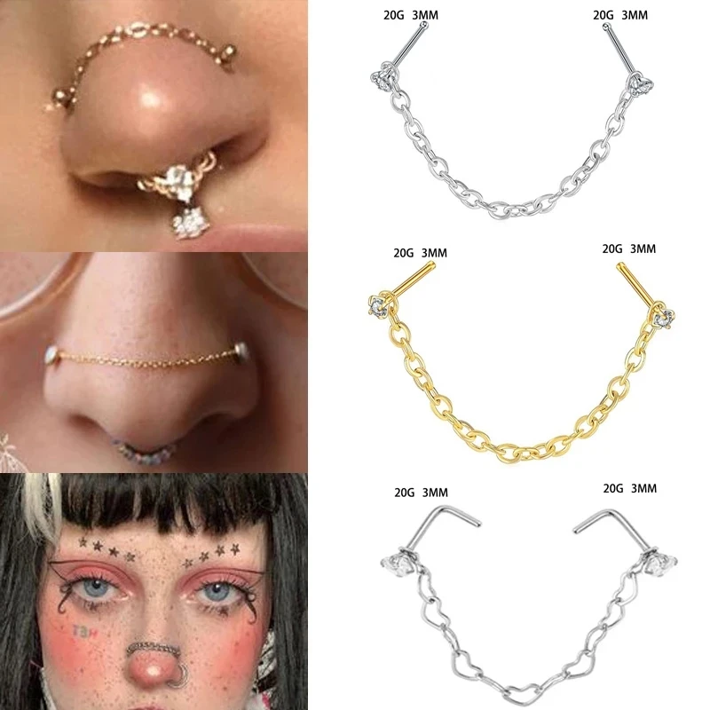 Novo nariz duplo piercing corrente nariz para narina piercing aço inoxidável nariz parafuso prisioneiro decoração brinco piercing corrente feminina