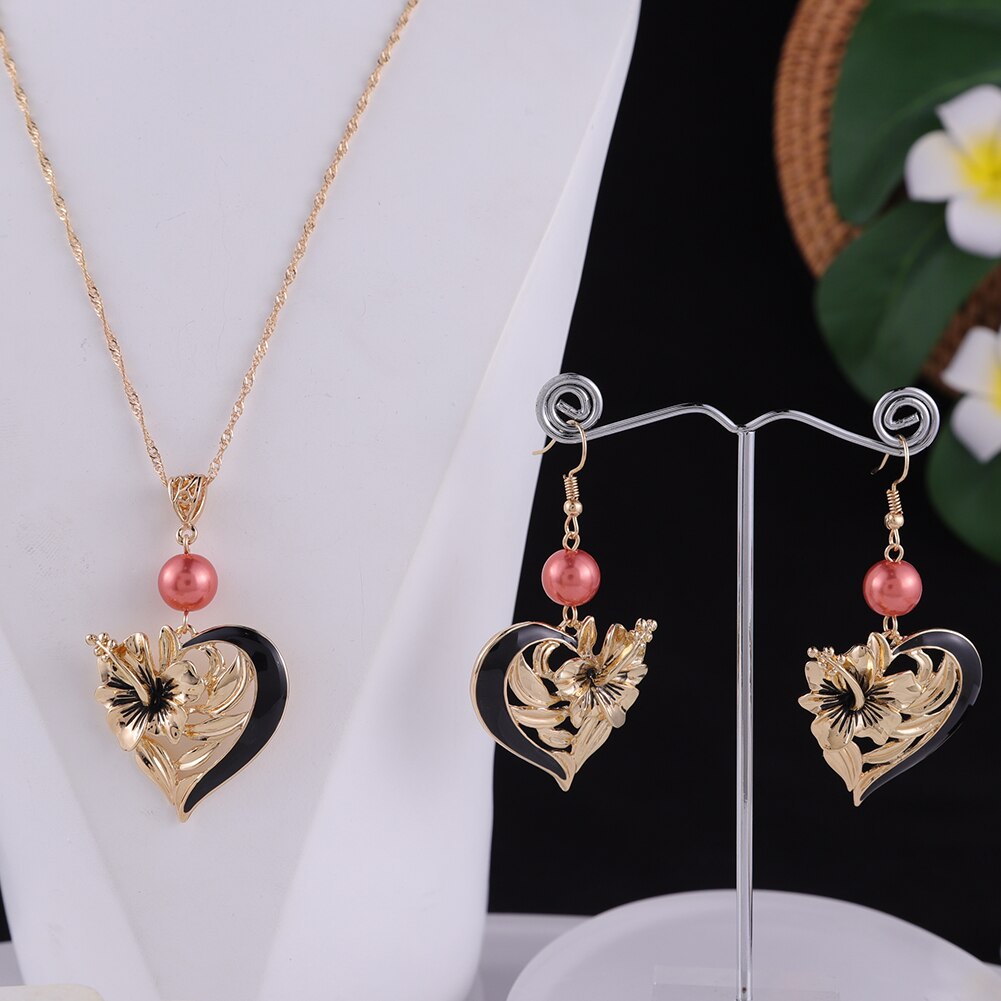 Cring Coco Herz Anhänger Halskette einstellen Hibiskus Blumen Ohrringe Halskette Trend hawaiisch Schmuck setzt für Frauen: ZH0607GODPK