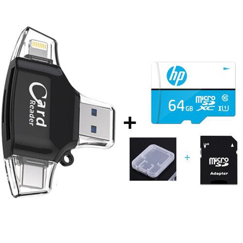 Lector de tarjetas Micro SD 4 en 1 tipo C, adaptador Lightning para iPhone, Android, iPad, MacBook, USB, OTG, extensión de teléfono: Black n 64GB TF Card