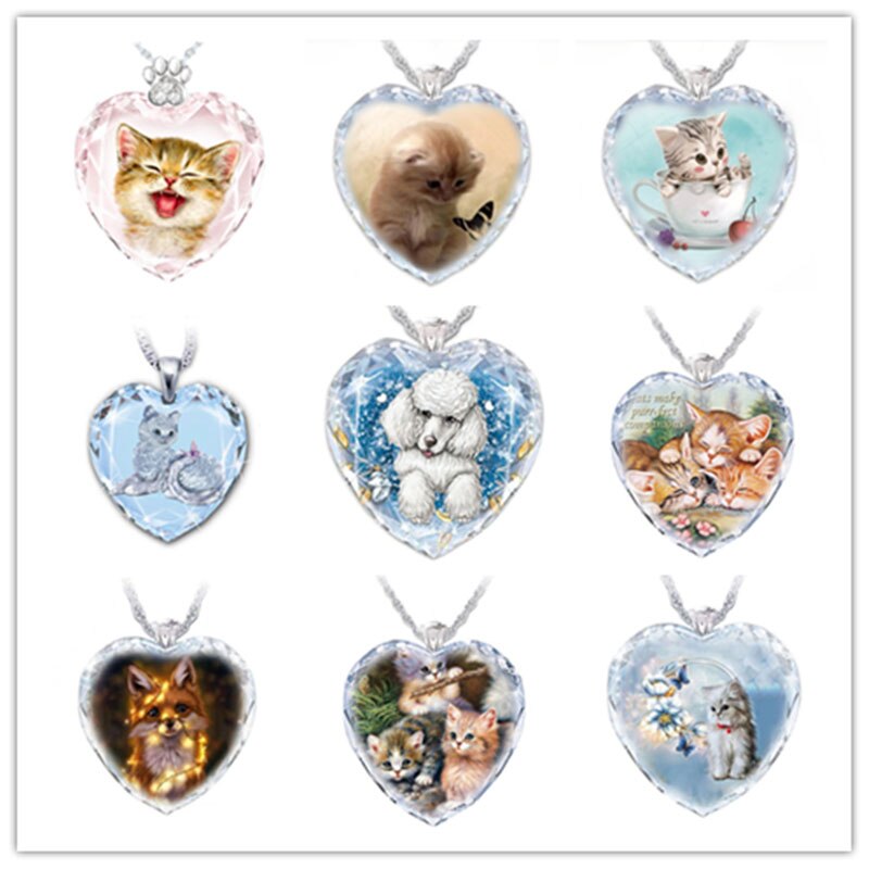 15 Popular Cat and Dog Heart-Shaped Cat and Dog Crystal Glass Pendant Necklaces for Women&#39;s Party Accessories On The Neck