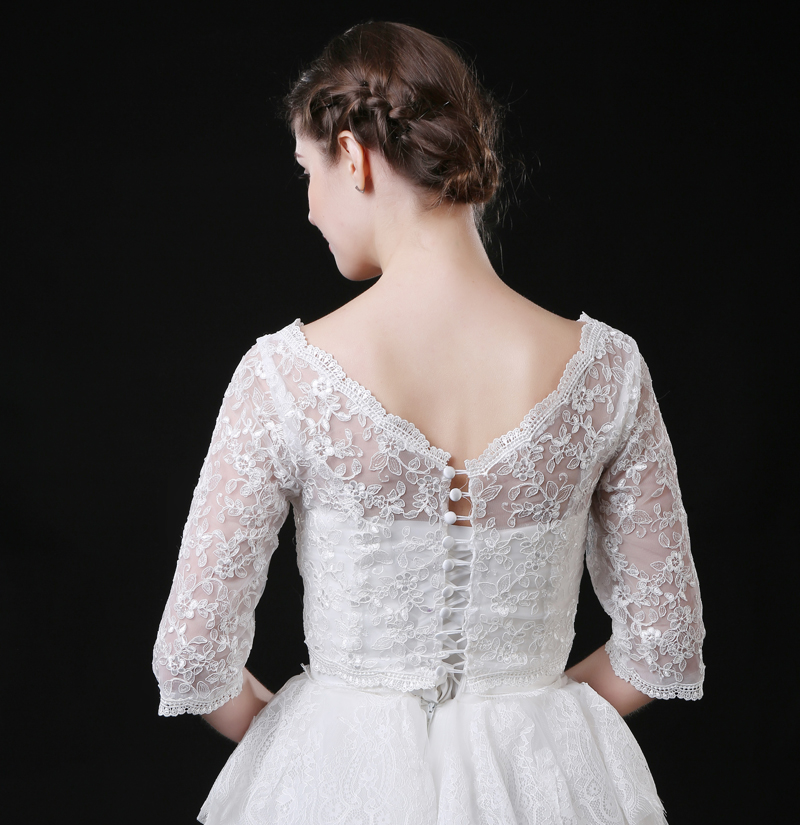 Weiße, elfenbeinfarbene brautjacken mit halben ärmeln und spitze, hochzeitsumhänge, applikationen, brautboleros, wickel auf Lagerbier
