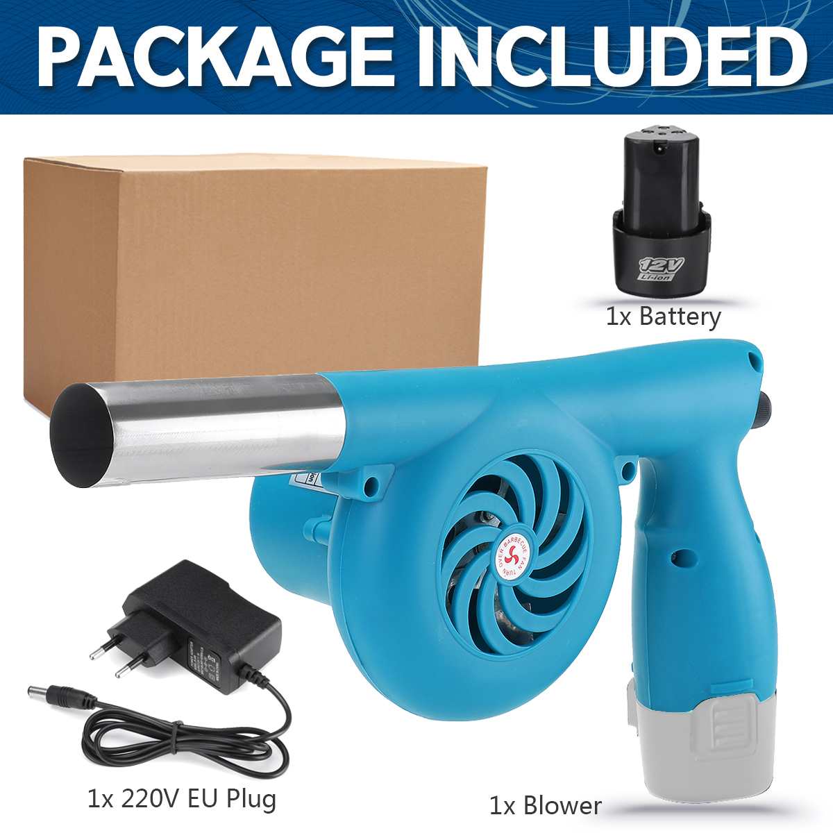 Cordless Electric Air Blower Handheld Leaf Blower Dust Collector Sweeper BBQ Grill Fire Bellows Tools with Li-ion Battery: EU Plug 1 Battery