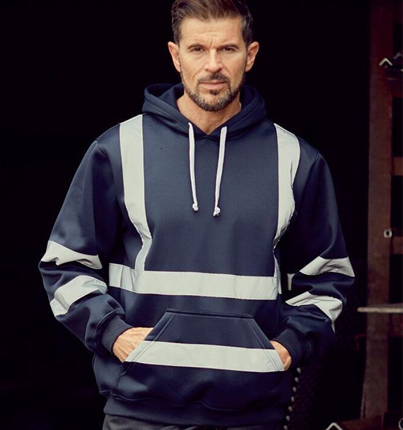 Men's High Visibility Safety Hooded Reflective Hoodies Workwear Pullover Fleece With Reflective Tripes Workwear Sweatshirts Male