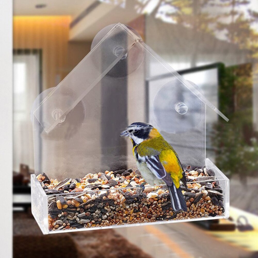 Clear Window Bird Feeder Large Wild Bird Feeder Triangle Shaped Removable Tray With Drain Holes Super Strong Suction Cups