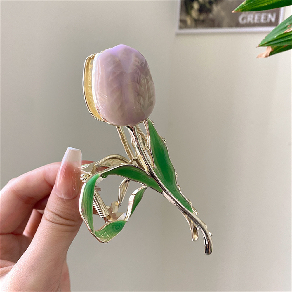 Flower Metal Hair Claw para Mulheres e Meninas, Elegante Multicolor Tulip Hairclip, Ponytail Bun Hairpins, Maquiagem Washing Face, Fashion Gifts: Rosa