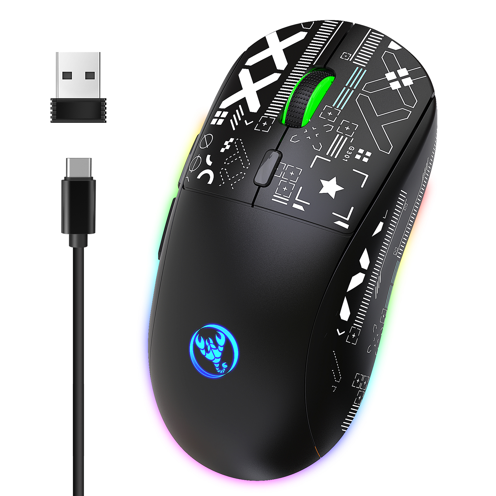 hxsj T90 2,4 G kabellose mechanische Maus RGB-Gaming-Maus Ergonomische 10 Millionen Tastenhub 3600 DPI Maus 11 RGB-Beleuchtungsmodi Mäuse: Black