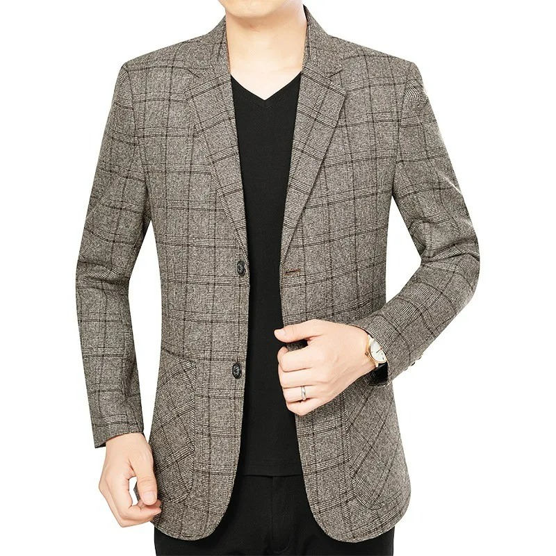 Herrenjacke Frühling Herbst Business Casual Kariert Einreihig Langarm Herrenmantel Bügelfrei Umlegekragen Herren-Blazer