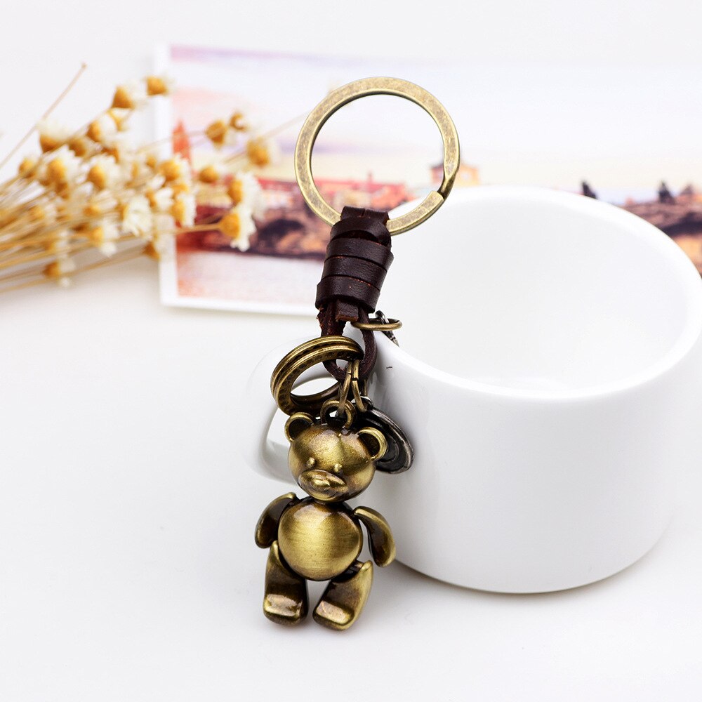 Korean-style Teddy Bear Doll Keychain Alloy Retro Weaving Leather Rope Accessories Manufacturers Direct Selling Wholesa: Default Title