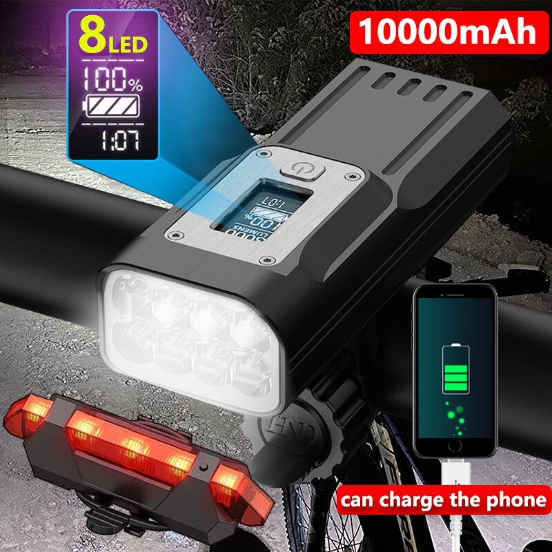 Powerful Bike Light OLED Display 10000mAh Rechargeable Bicycle Headlight Flashlight Type-C Charging Bike Light as power bank
