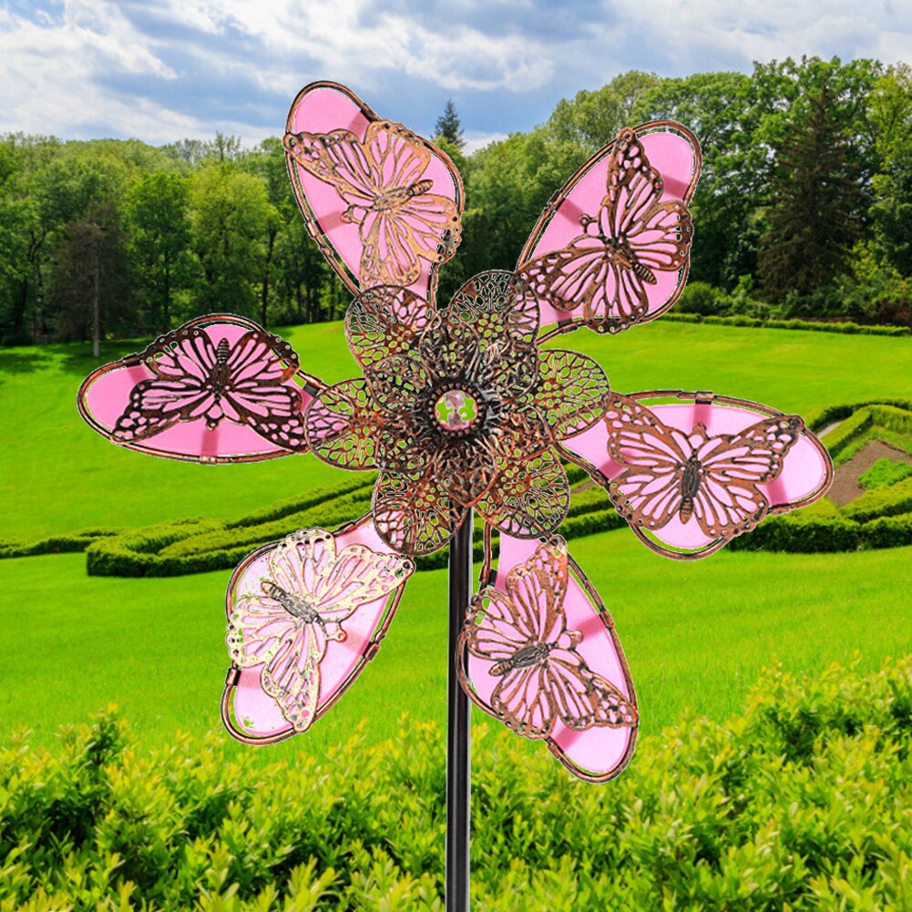 Metalen Windmolen Lichtgevende Vlinders Bloem Creatieve Windmolen Tuindecoratie Buiten Waterdicht Landschap Voor Binnenplaats Patio