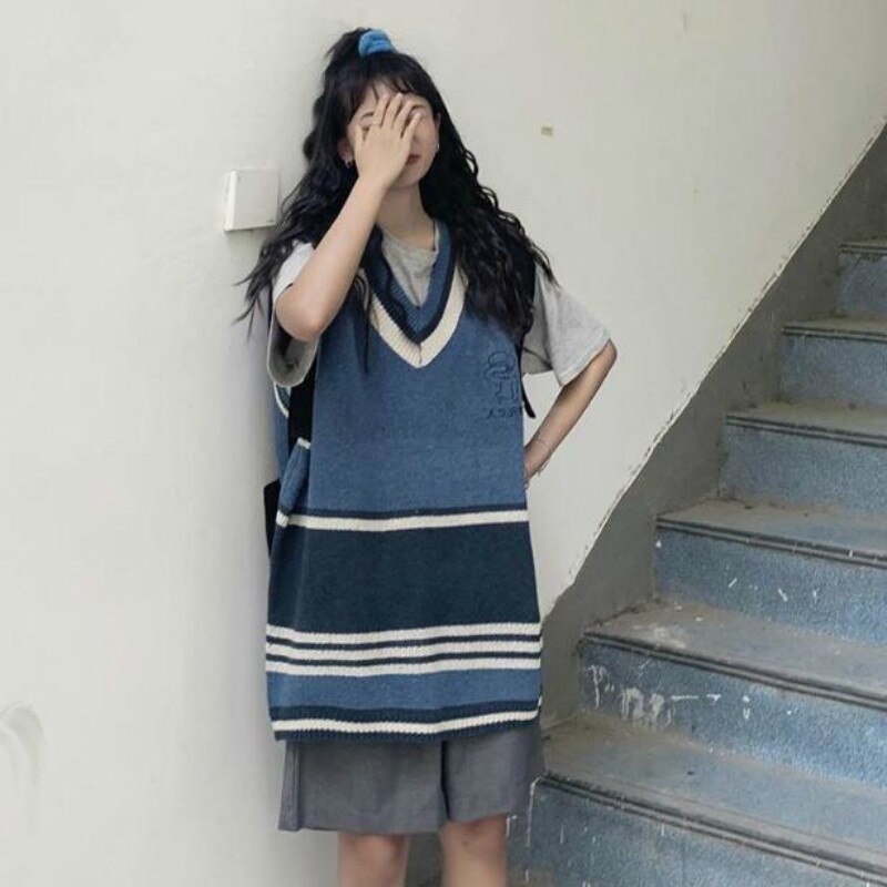 Chaleco Retro sin mangas de estilo coreano para mujer, suéteres tejidos a rayas, estilo Preppy, con cuello en V, informal, combina con todo