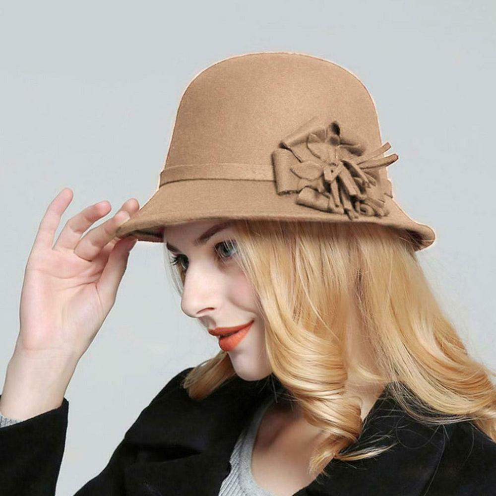 Bont muts voor mannen en vrouwen, elegante winterwollen emmerhoed, jaren 20, vintage cloche, bowler hoeden, meloen van velours, platte cilinder, hoeden met brede rand tank top heren, beige, Eén maat