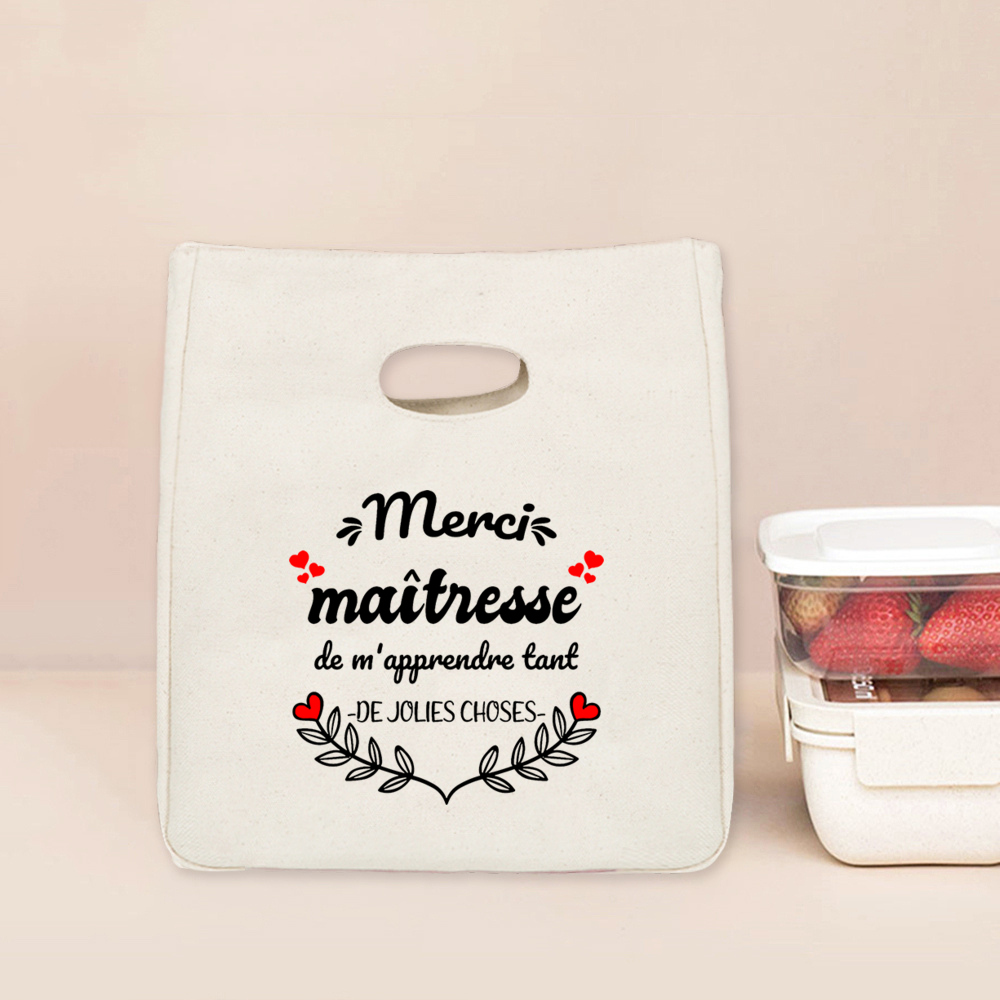 Merci Maitresse Maitre French Printed Lunch Bag Insulated Cooler Bento Tote Thermal Food Bags Teacher's Day for Teachers: Red
