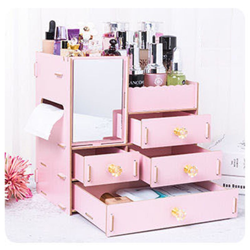 Organizador de maquillaje de madera con espejo, cajón de escritorio, organizador de cosméticos para mujer, tocador, lápiz labial, Perfume, caja de almacenamiento de joyería: Light pink