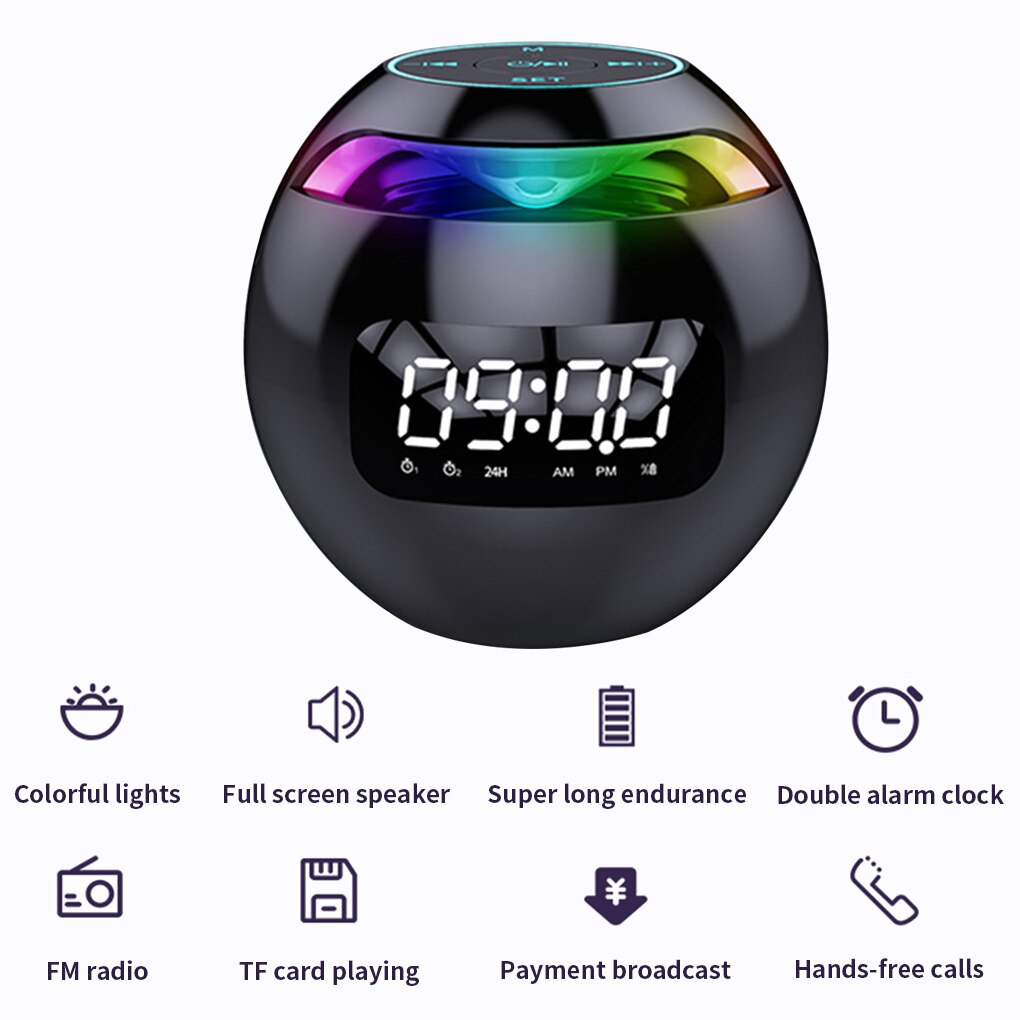 Digital Alarm Clock Bluetooth-compatible 5.0 Speaker Music Player Wireless Ball Shape Clock Speaker with FM function
