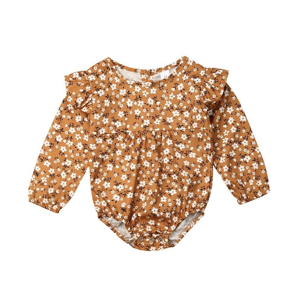 0-24M Newborn Baby Girls Boys Bodysuits Long Sleeve Ruffle Flowers Print Jumpsuit Outfit Autumn Clothes: Yellow / 6M