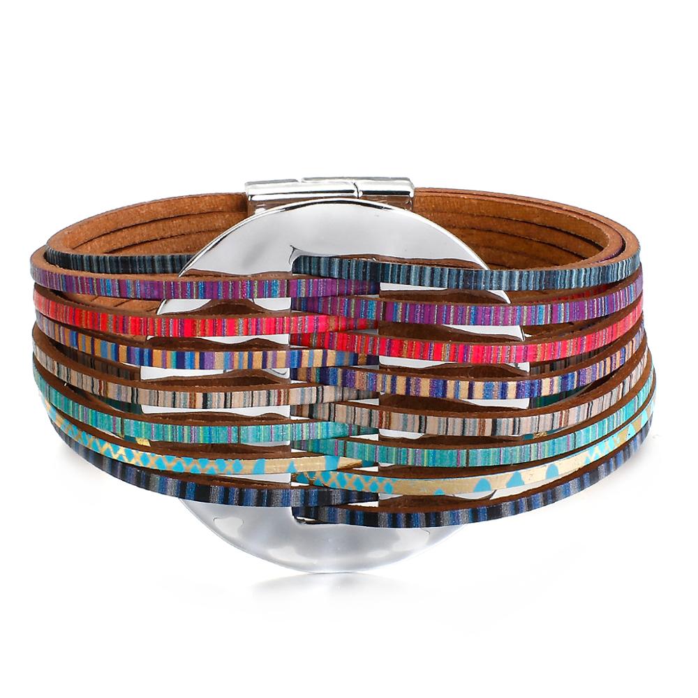 ALLYES Mulitlayer Dünne Streifen Leder Armbänder für Frauen Runde Kreis Charme Breite Wrap Armband Weiblichen Schmuck: Colorful