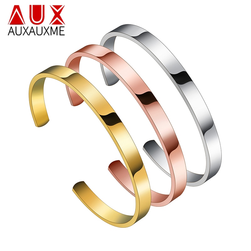 Auxauxme Custom Engraved DIY Name Bracelets for Women Gold Stainless Steel Simple Girlfriend Christmas Bangle