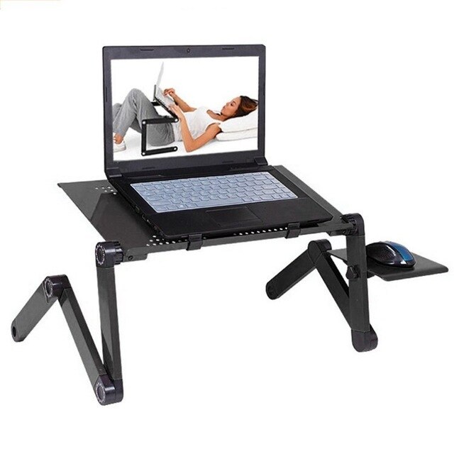 Mesa ergonômica ajustável para laptop de alumínio, suporte para mesa para PC, apoio para notebook com mouse pad, painel e cavalete para cama, TV portátil, escrivaninha dobrável: Black