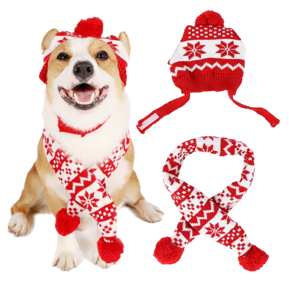 Gorro de punto a rayas cálido para perros, bufanda, Collar, disfraz de cachorro de peluche, ropa de Navidad, disfraz de perro de Santa, Cosplay