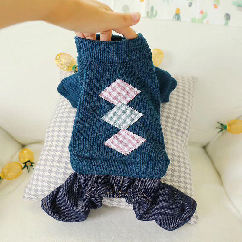 Plaid strikning pet denim jumpsuit vinter varm hund overalls til små dyr shih tzu maltesisk tøj hvalpe tøj pyjamas mops: Blå / S