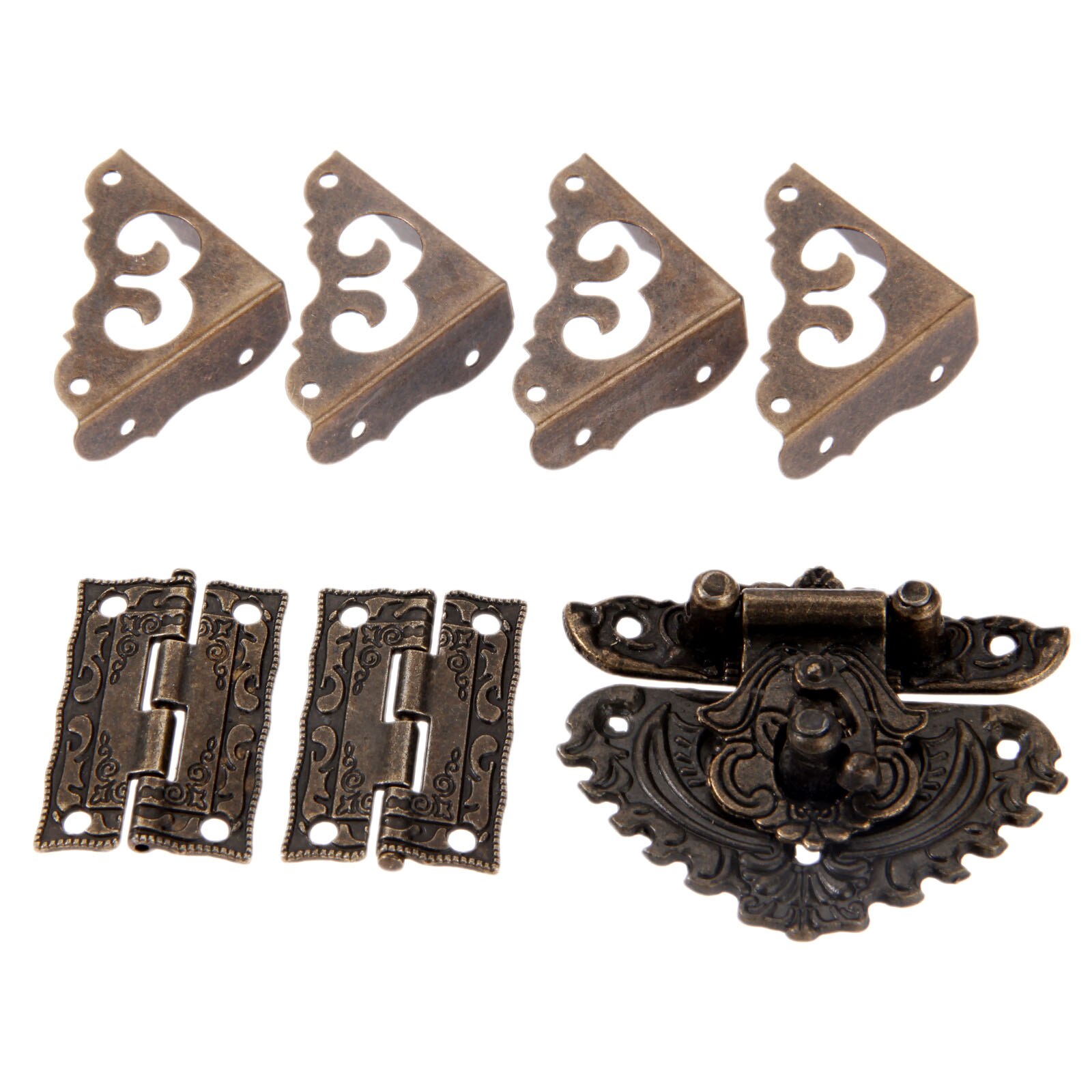 7pcs/set Latch Hasp Toggle Buckle+ Hinges+Corner Protectors Antique Bronze Retro Decor Furniture Hardware Jewelry Wooden Box