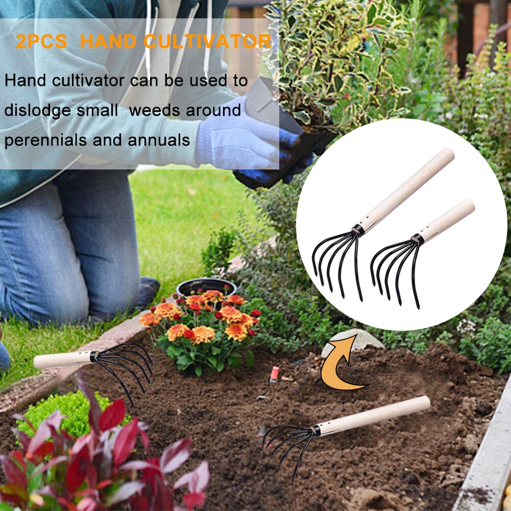 2 stücke Jäzehn Boden Rasen Lösen Sammeln Blätter Garten Werkzeug 5 Tine Klaue Rechen Rost Beständig Mit Holzgriff Hand grubber
