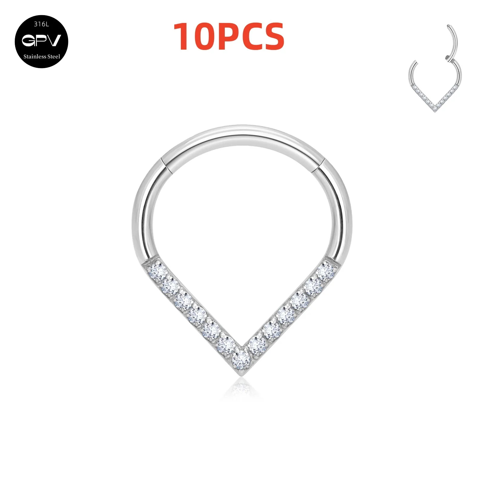 1/10 Uds. Anillo de nariz de gota en forma de corazón de acero inoxidable 316L 16G con incrustaciones ZC pendientes de joyería perforados para hombres y mujeres anillo de tabique: Blanco / Con recubrimiento de titanio