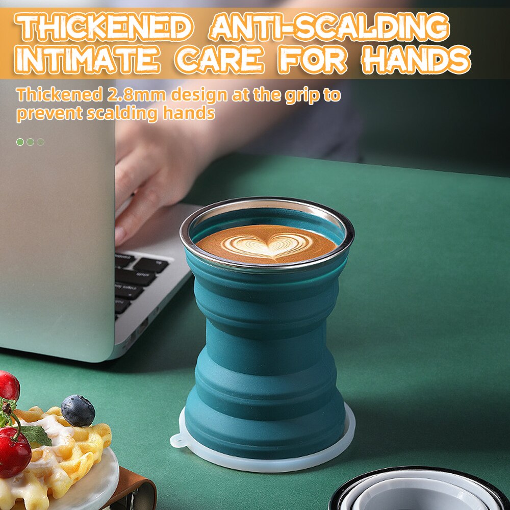 Taza plegable de silicona portátil con cordón, taza de viaje resistente al calor, tapa plegable, almacenamiento para agua
