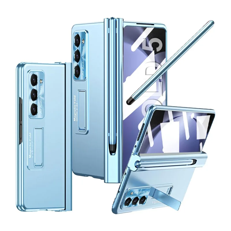 Luxe Pc Case Voor Samsung Galaxy Z Fold 5 3 4 Case Met S Pen En Pen Houder Scharnier Bescherming Ingebouwde Screen Protector Stand: ABS / Blauw