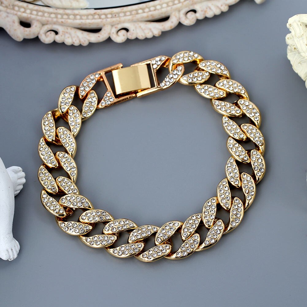 Mode Chunky Metalen Ketting Enkelband Voor Vrouwen Mannen Rhinestone Goud Zilver Kleur Cubaanse Voet Armband Punk Hip Hop Rock sieraden: J005001GD