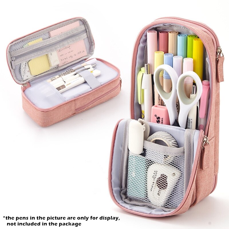 Angoo – trousse à crayons Normcore, support pliable à deux couches, pochette de rangement en tissu pour papeterie bureau école F171: Pink