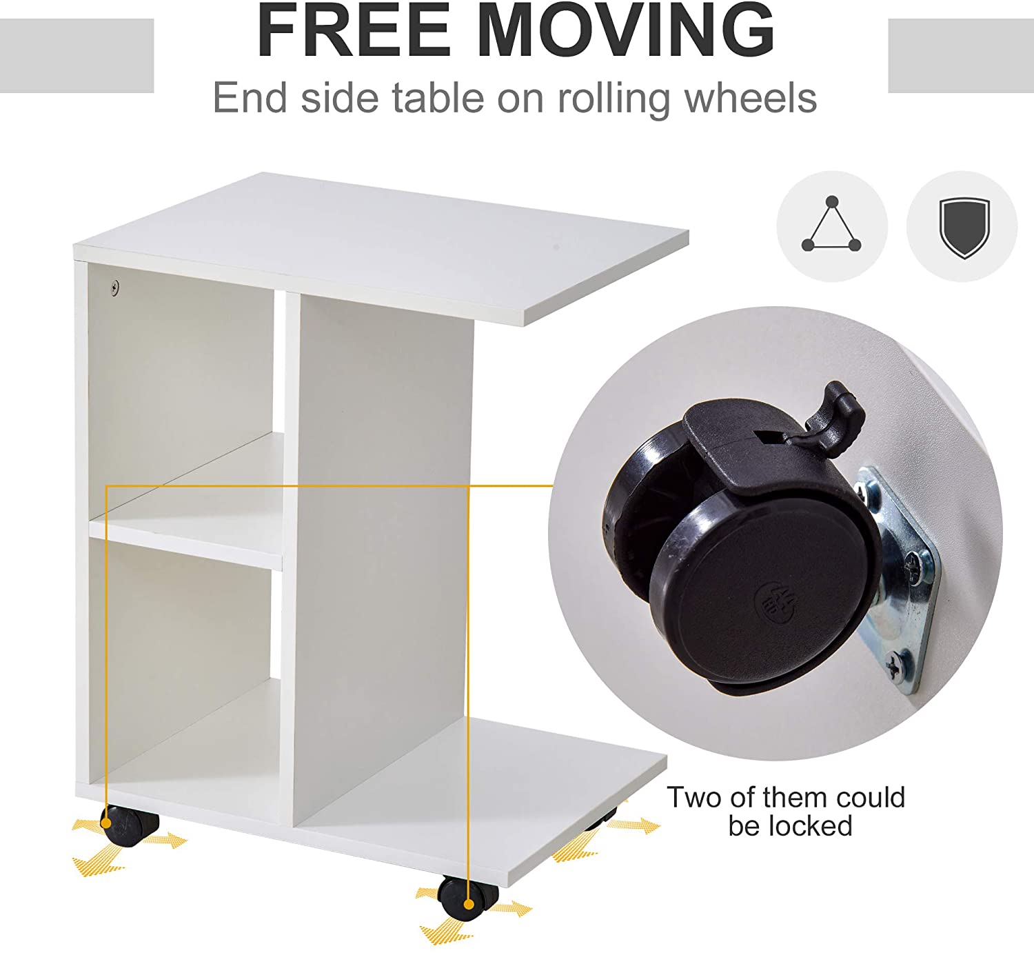 Shape End Table Unique Storage Unit w/ 2 Shelves 4 Wheels Freestanding Home Office Furniture Cabinet Square Studio White