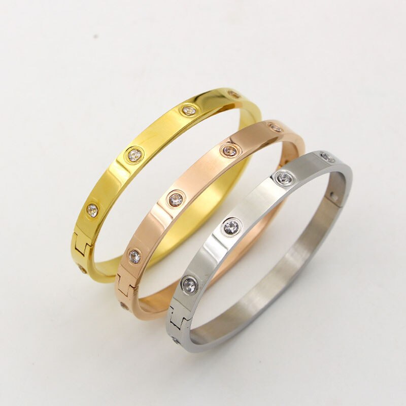Mode Fijne Elegante Titanium Staal Plating 14K Real Gold Paar Armbanden Voor Vrouwen Sieraden Micro Inlay Zirconia Anniversary