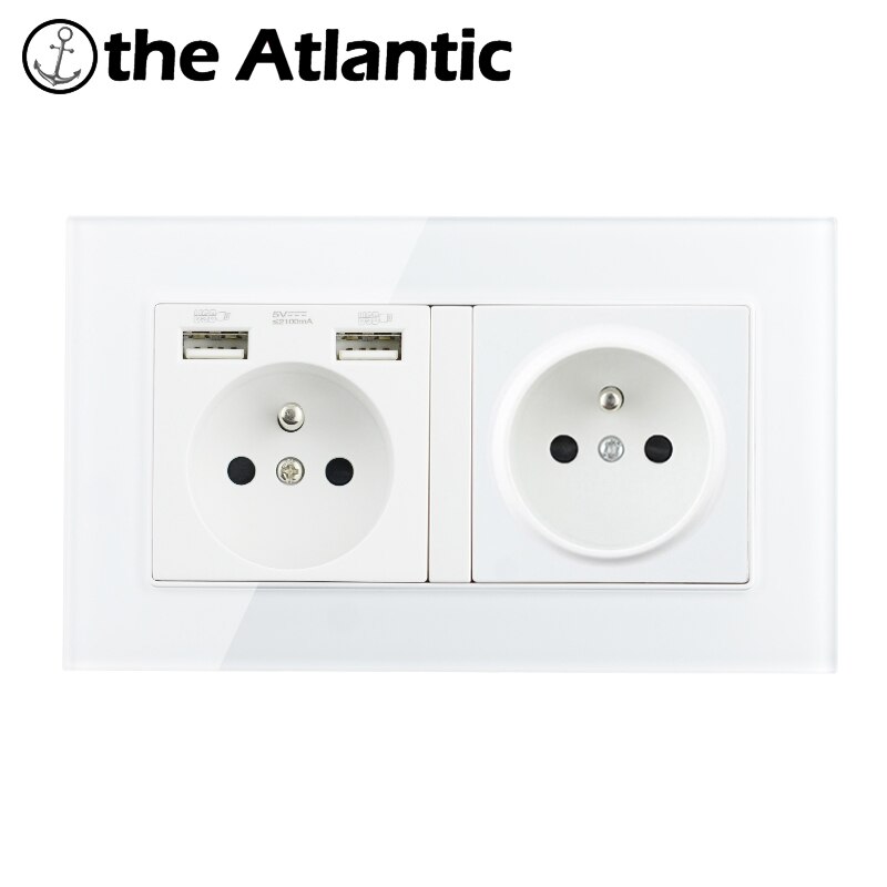 FR Power Socket With Dual Usb Charging Port For 2 Gang Socket Double Socket 146mm*86mm White Tempered Glass Belgium Slovakia