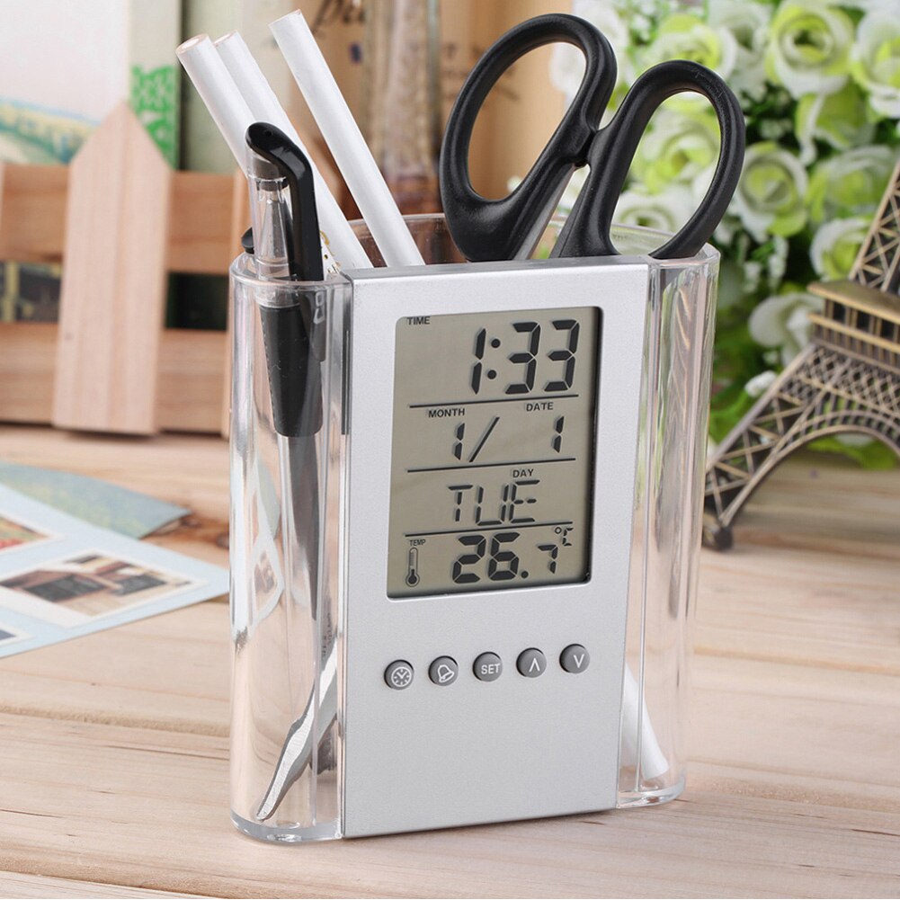 LCD Display desk organizer Electronic Digital pen case pencil holder Date Temperature Table Calendar
