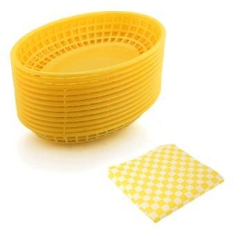 12 st plast oval mat servering korg och 24 st burger omslagspapper pommes frites korg plast picknick tallrik brödpapper: Gul