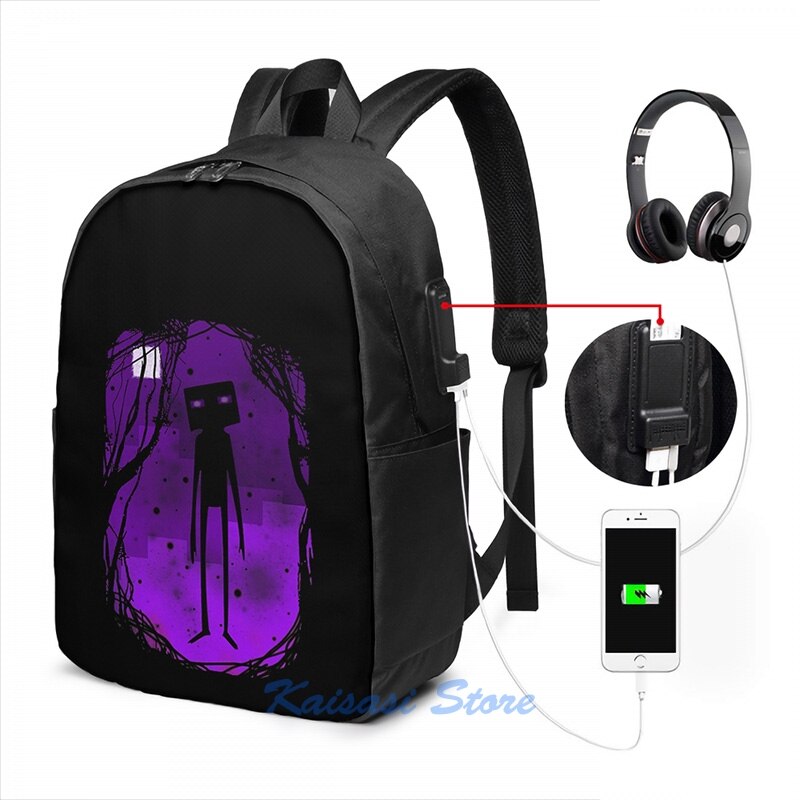 Morsom grafisk trykk enderman usb charge ryggsekk menn skolesekker kvinner bag reise laptop bag: Usb-ryggsekk 17 in