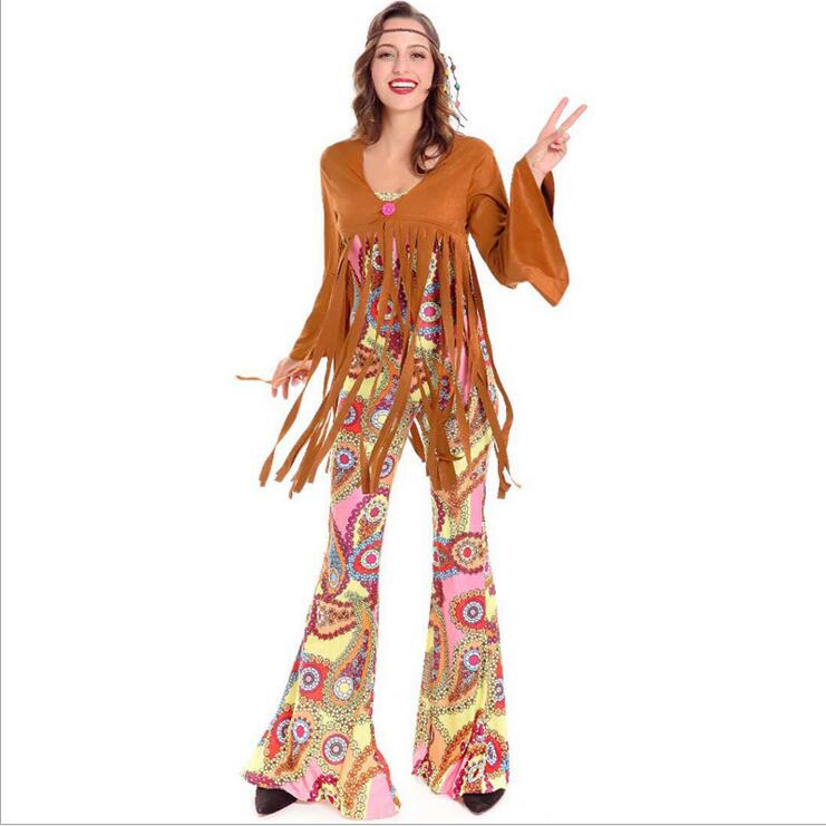 Halloween Volwassen Paar 60's70's Hippie Kostuum Rollenspel Bloem Hippie Cosplay Vrouwen Disco Hippie Kostuum Voor Purim Party